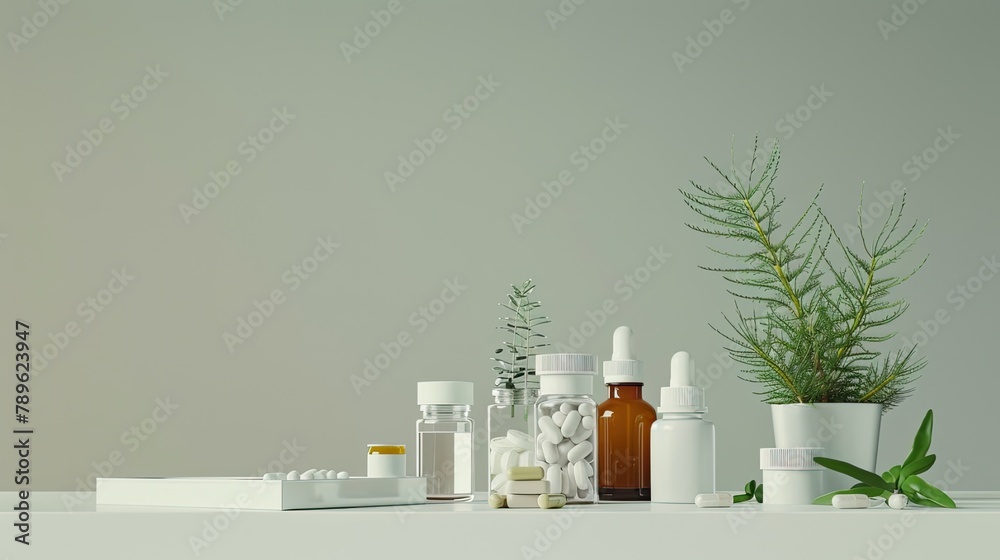 a white table adorned with medicine pills and vials, creating a sleek mockup against a subdued grey background. - obrazy, fototapety, plakaty 