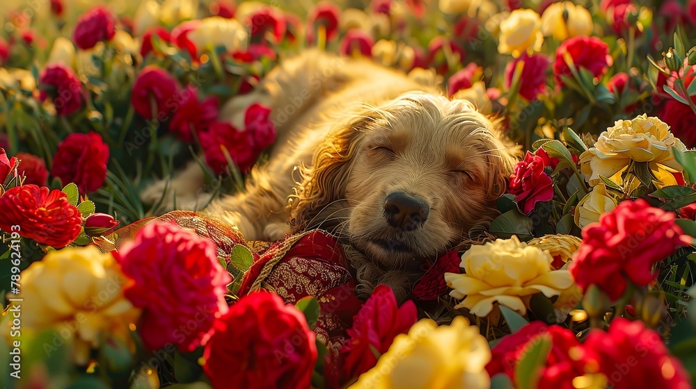 A golden cocker spaniel puppy sleeping in a field of red and yellow roses.