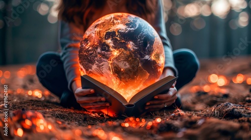 A girl holding an open book with the Earth floating above it.