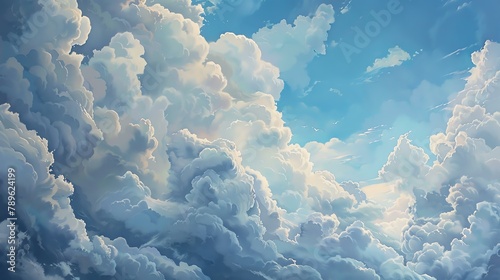 Amazing view of the sky with white fluffy clouds. The image is very calming and peaceful.