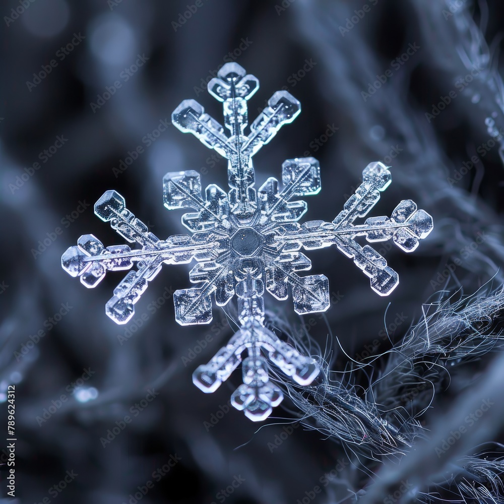 Intricately detailed ice crystal on dark surface in close up, captured with macro photography Intricately detailed ice crystal on dark surface in close up, captured with macro photography