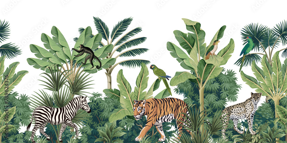 Fototapeta premium Tropical vintage botanical landscape, tiger, zebra, leopard, monkey animal, green parrot, palm tree, banana tree, plant floral seamless border white background. Exotic jungle wallpaper.