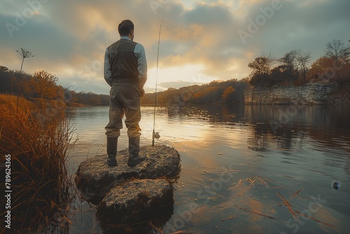 A fisherman in high boots and fishing clothes stands with a fishing rod by the river. There is dense vegetation along the coast photo