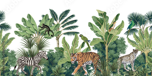 Tropical vintage botanical landscape, tiger, zebra, leopard, monkey animal, green parrot, palm tree, banana tree, plant floral seamless border white background. Exotic jungle wallpaper. photo