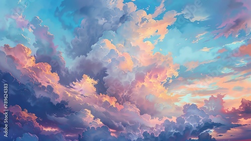 A beautiful cloudscape with a variety of colors. The clouds are mostly white, but there are also areas of pink, blue, and purple. photo