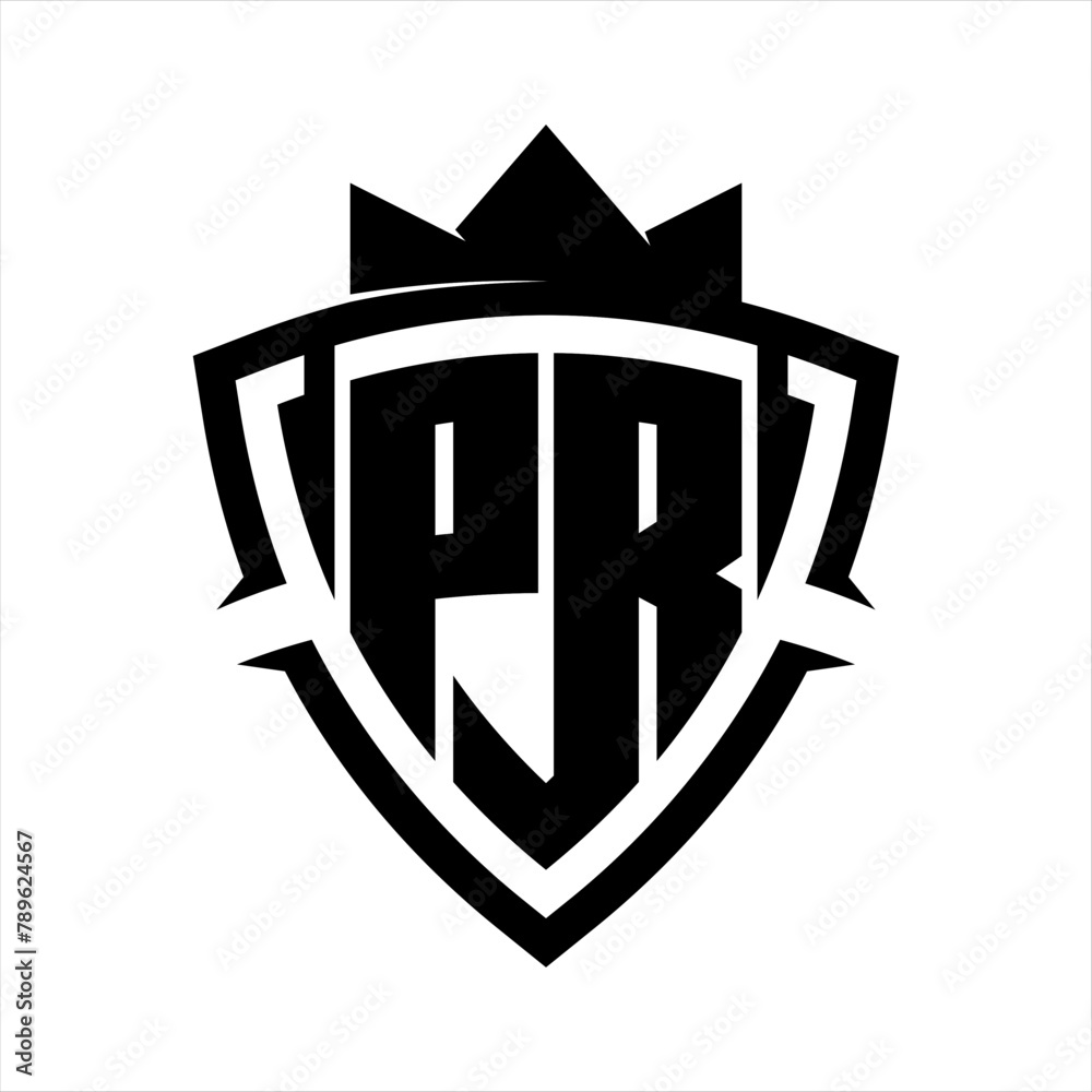 PR Letter bold monogram triangle curve shield shape with crown black and white background color design