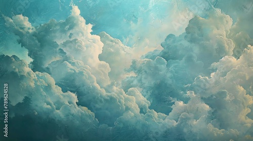 An ethereal dreamscape of billowing clouds, painted in soft hues of blue and white. photo