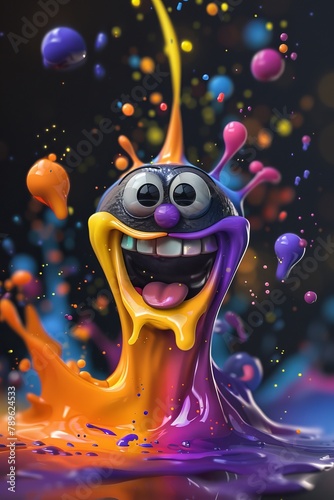 A 3D rendered emoji bursting through a colorful splash, displaying a joyful and playful emotion in a vibrant scene © Nikola