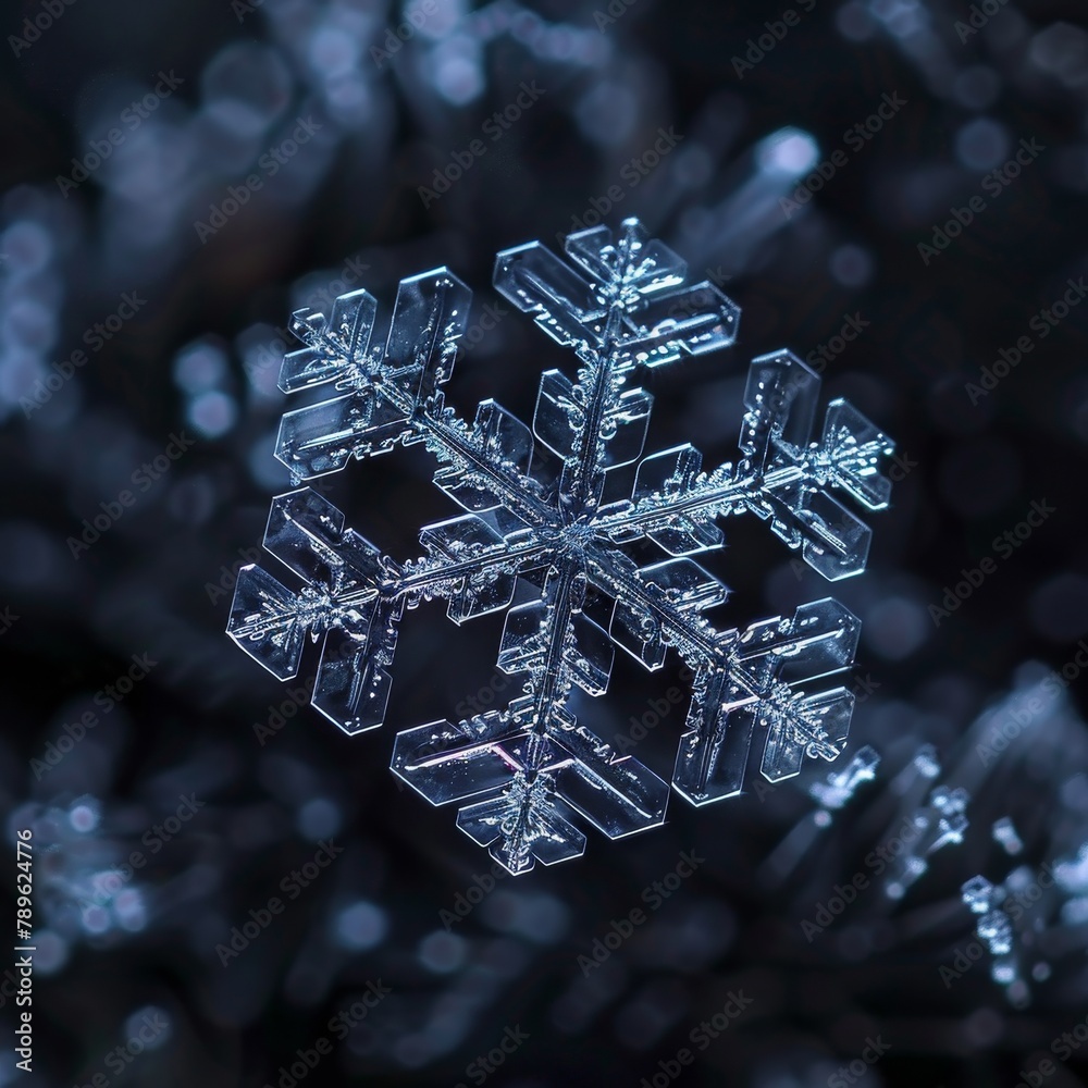 Close up of intricate snowflake on a dark surface, detailed ice crystal design, macro photography