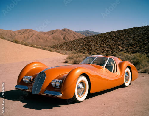Orange Vintage Concept Car in Desert Environment