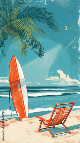 Tropical Beach Scene with Surfboard and Deck Chair © Blue_Utilities
