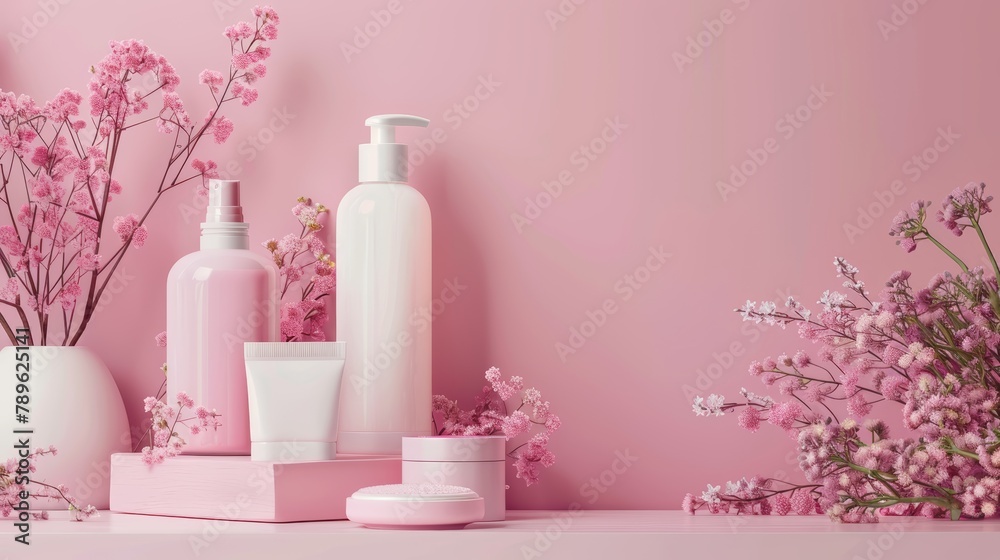 Elegant beauty products and skincare essentials against a pink backdrop with decorative flowers. Feminine self-care and beauty concept