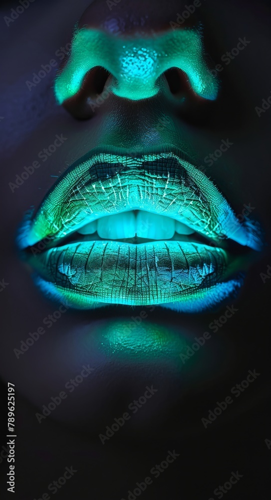 Naklejka premium Close-up image of human lips and teeth illuminated in neon blue and green light, showing details and textures