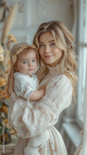 Young blonde woman holding a blue-eyed baby dressed in white