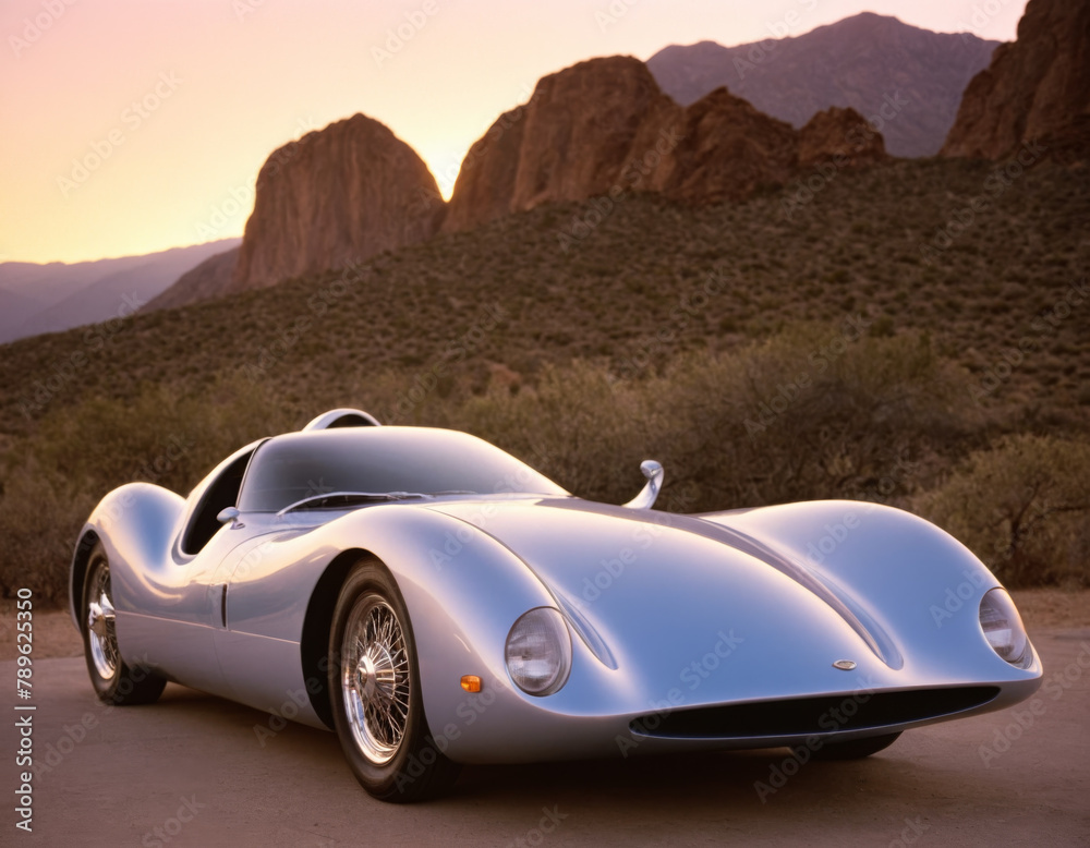 Silver Vintage Race Car in Desert at Twilight