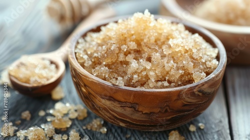 Brown sugar scrub in wooden bowl on dark wooden table. Close-up, organic skincare concept for design and print