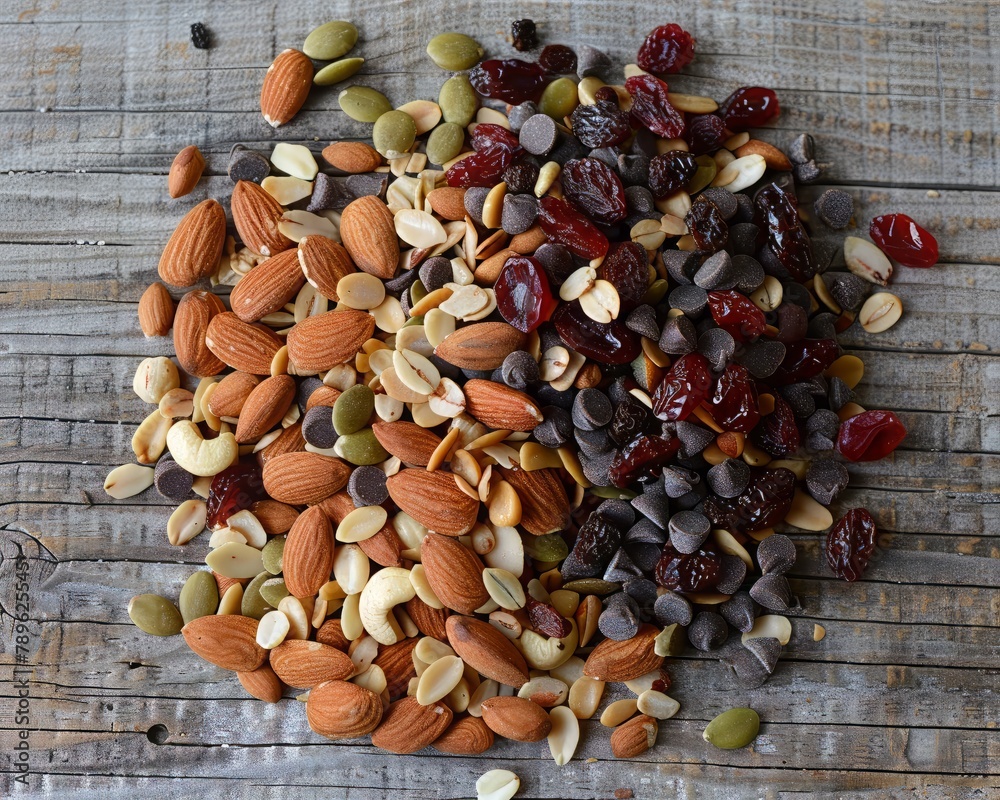 Overhead shot of a homemade trail mix with nuts, seeds, dried fruits, and chocolate chips, on a rustic wooden surface