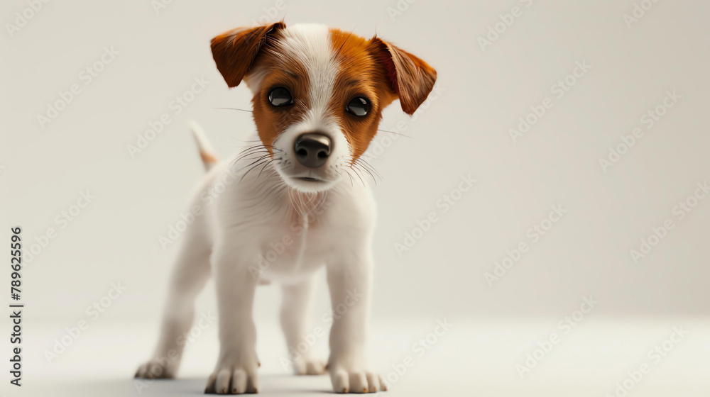A cute little Jack Russell Terrier puppy is standing on a white background.