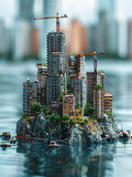 Render of miniature city under construction on island, against stark white backdrop. Perfect for urban development concepts.