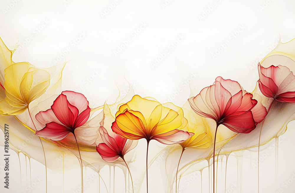 Ilustracja motyw kwiatowy. Czerwone i żółte kwiaty na białym tle. Tapeta kwiaty, puste miejsce na tekst. Tło kwiatowe, abstrakcyjny wzór - obrazy, fototapety, plakaty 