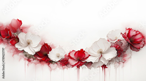 Ilustracja motyw kwiatowy. Czerwone i białe kwiaty na białym tle. Tapeta kwiaty, puste miejsce na tekst. Tło kwiatowe, abstrakcyjny wzór
