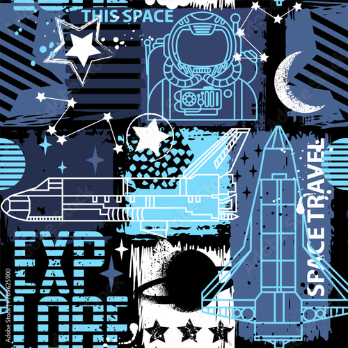 Hand drawn space seamless pattern. Vector doodle illustration. Background for boys with cartoon rockets, planets, stars, spaceship and astronaut photo