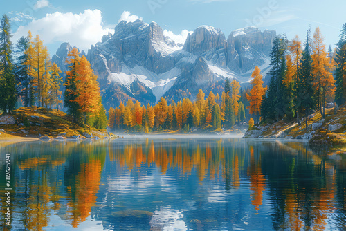 A serene autumn landscape featuring the majestic Dolomites in Italy, with snowcapped peaks reflecting in the crystal clear waters of the lake below. Created with Ai © Creative Stock 