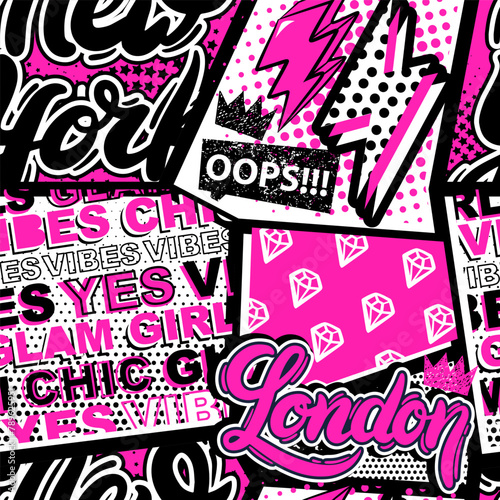 Fashion abstract seamless pattern with patch, stickers and slogan words. Cool background on comics style for teen girl 90-s
