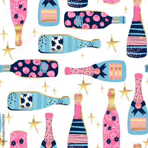 Abstract seamless pattern with bottle, champagne and gold confetti. Fashion print for girl.  Birthdays design background for girls. 