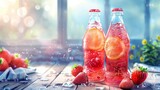 Fizzy strawberry and lemon soda in bottles with ice and fresh fruits. Cool beverage concept with a refreshing summer vibe for design and advertisement