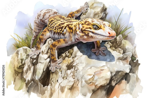 A detailed sketch of a New Caledonian Giant Gecko, with its robust body and smooth skin, perched on a rocky outcrop, stone grays and natural greens, white background, vivid watercolor, 100 isolate photo