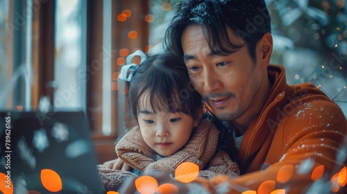 A man and child share a warm, affectionate moment as they enjoy holiday festivities surrounded by lights