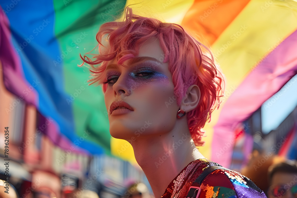 Fototapeta premium Vibrant scene at a pride parade with a person sporting pink hair and dramatic makeup, embodying gender diversity and the spirit of LGBTQ+ rights.