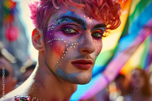 Individual at a gay pride parade showcasing vibrant makeup and pink hair, embodying freedom and diversity.