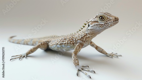 A small lizard with brown and gray scales is isolated on a white background. The lizard has its mouth closed and is looking to the right of the frame.