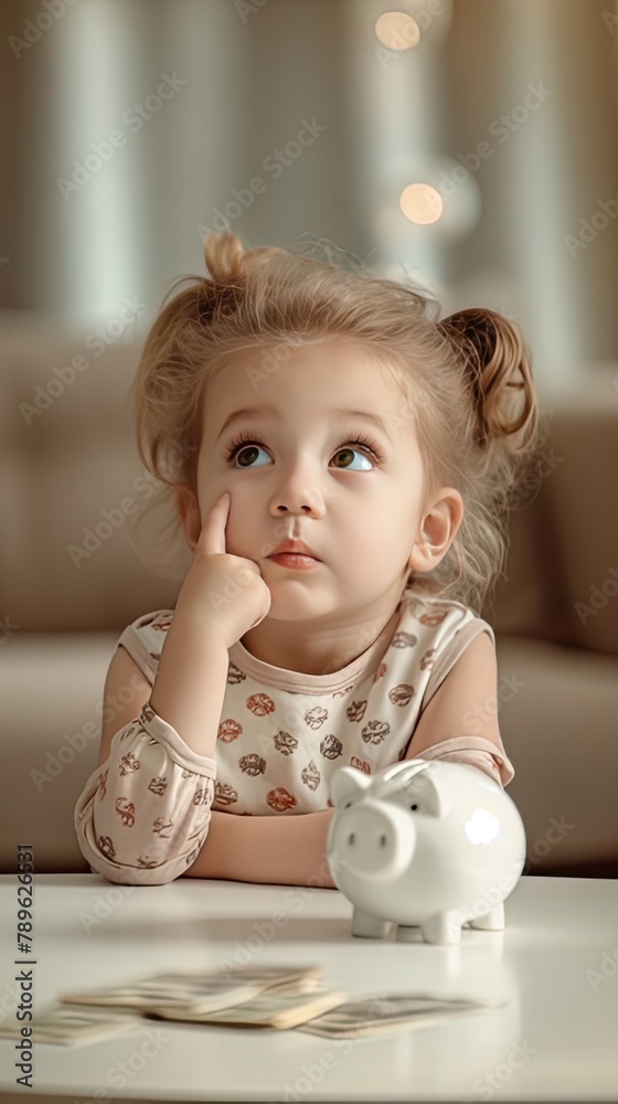 a little girl is sitting at a table with a piggy bank a little girl is sitting at a table with a piggy bank