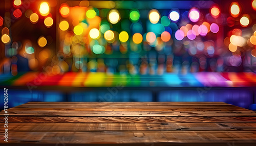 Indoor blurred background with an empty wooden table, featuring rainbow bokeh lights representing LGBT pride and celebration, ideal for product display.