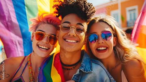 A vibrant gathering of young friends with rainbow flags at a gay pride event, embodying joy and LGBTQ community support. photo