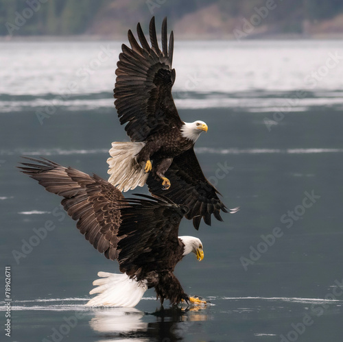Bald eagles feeding on fish and eating in flight in the Discovery Islands of British Columbia, Canada