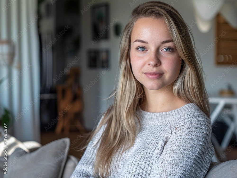 Young white woman long blond hair blue eyes sitting in living room looking at camera portrait. Calm and friendly. Young white woman long blond hair blue eyes sitting in living room looking at camera portrait. Calm and friendly.