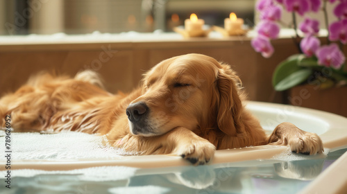 A golden retriever dog relaxing in a bathtub with a towel  surrounded by lit candles and orchid flowers.
