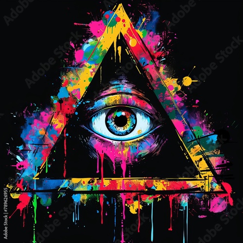 The all-seeing eye within a stark inkblot pyramid leaps out, contrasting the vibrant splatter with the controlled hard-edged lines photo