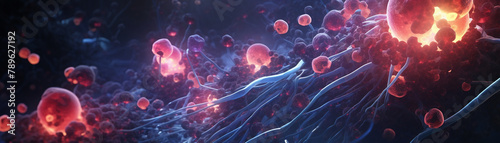 Animated scene of various cell types in the bloodstream engaging in a microscopic battle, using fluorescent imaging photo