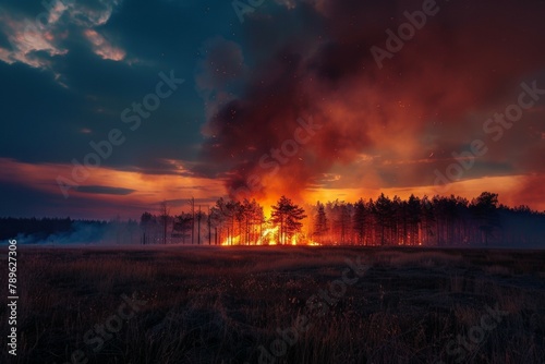 A forest fire is burning in the distance  with the sky in the background