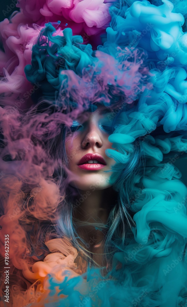 Vibrant clouds of multicolored smoke conceal a person, creating a mysterious and fantasy-like atmosphere Vibrant clouds of multicolored smoke conceal a person, creating a mysterious and fantasy-like atmosphere