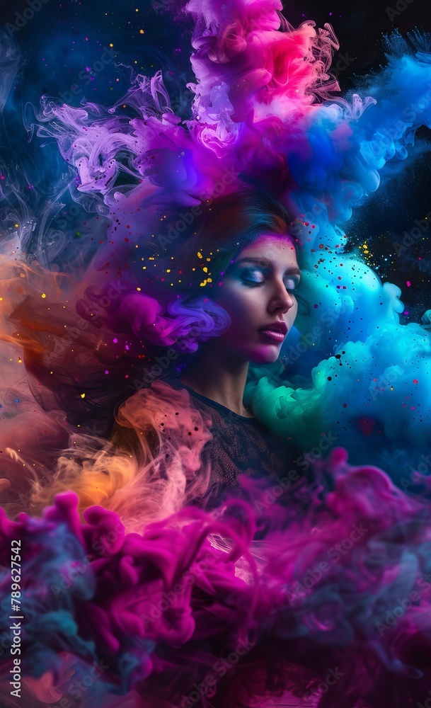 A mesmerizing image of a woman with an abstract landscape of vivid, flowing colors and patterns