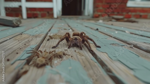 a tarantula is crawling on a wooden deck © Валерія Ігнатенко