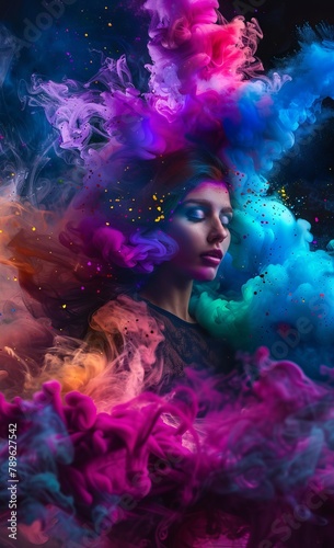 A mesmerizing image of a woman with an abstract landscape of vivid  flowing colors and patterns