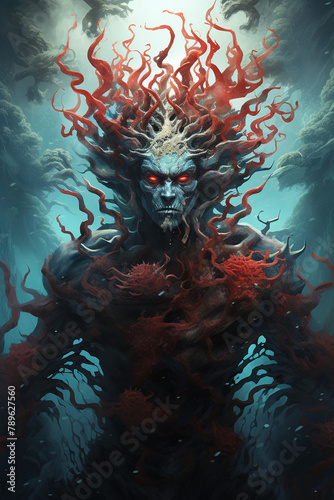 Artists rendition of a sea demon entwined with coral reefs, its form merging with the marine environment, creating a haunting presence