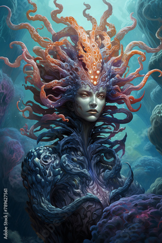 Artists rendition of a sea demon entwined with coral reefs, its form merging with the marine environment, creating a haunting presence